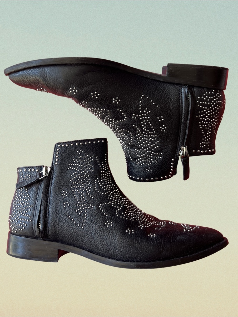 Mercer Edit black leather ankle boots with silver studs, pointed toe, double zip